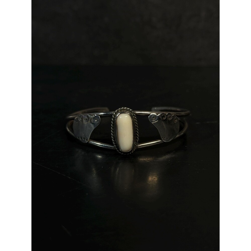 Native American Sterling Silver Cuff Bracelet Cream Cabochon 5.5"
